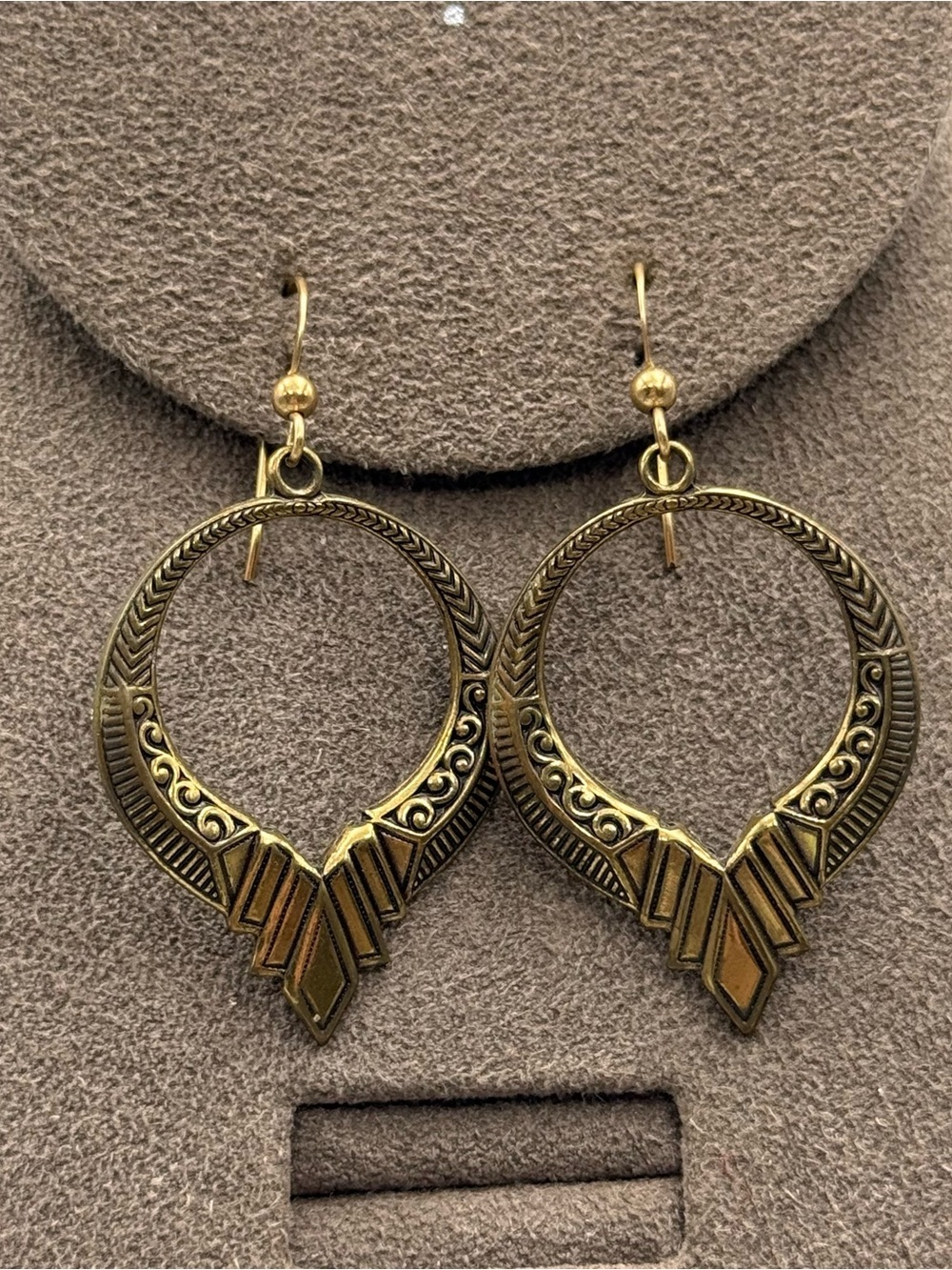 Antique Egyptian Brass Hoop Drop Earrings - Gold-Tone Geometric Accent